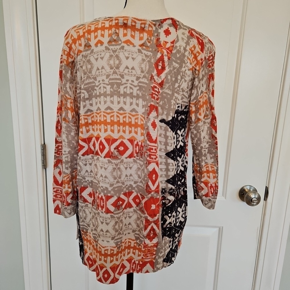 NIC+ZOE Womens Orange Geometric Tribal Print Linen Blend Knit Tunic Top Small - Picture 2 of 8